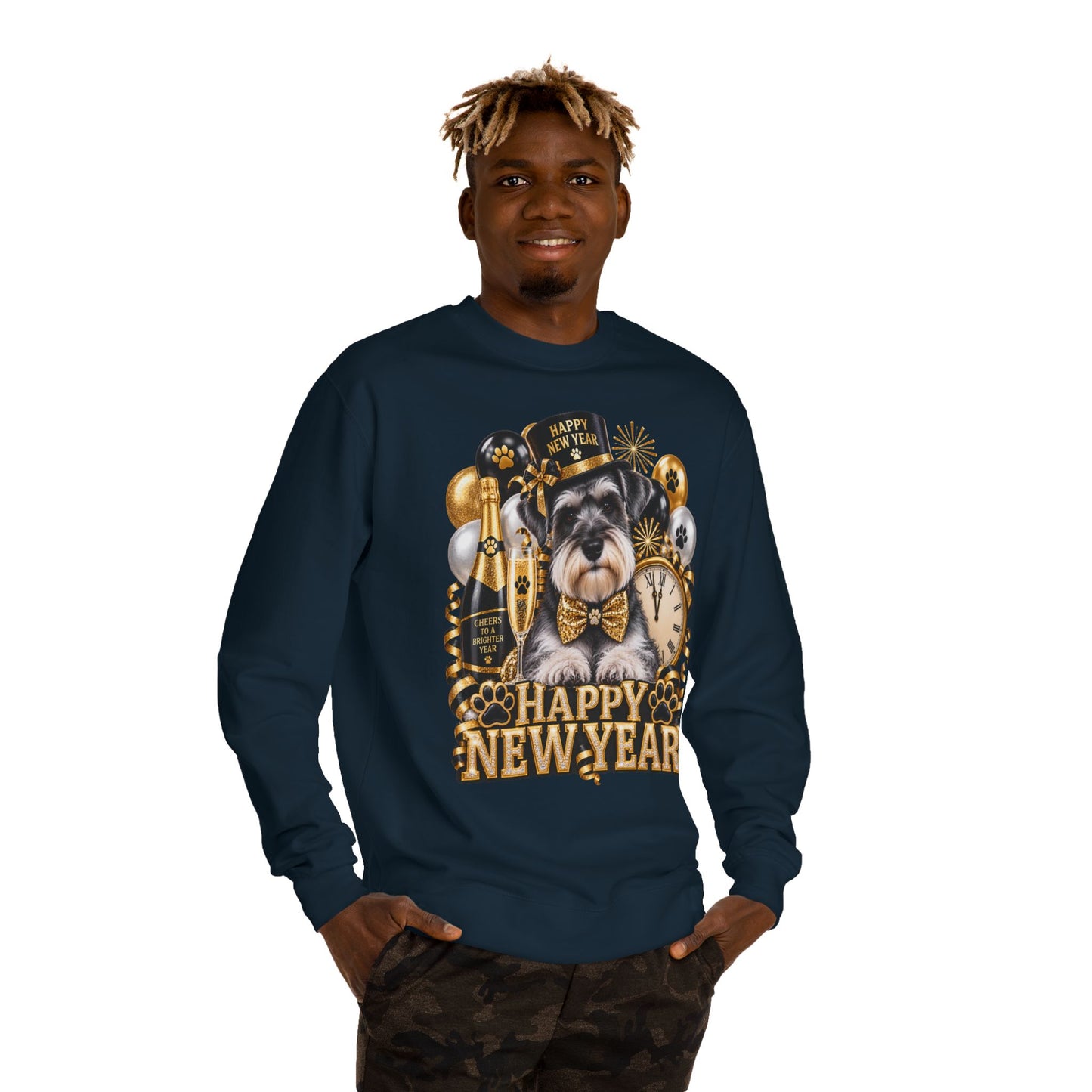 Happy New Year Dog Sweatshirt — Festive Paw Print NYE Crewneck