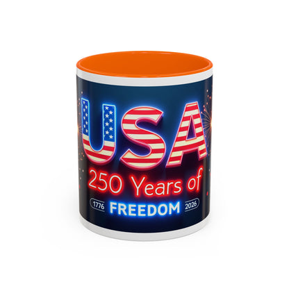 USA 250 Years of Freedom Accent Coffee Mug — Patriotic 1776–2026 Fireworks Design (11/15oz)