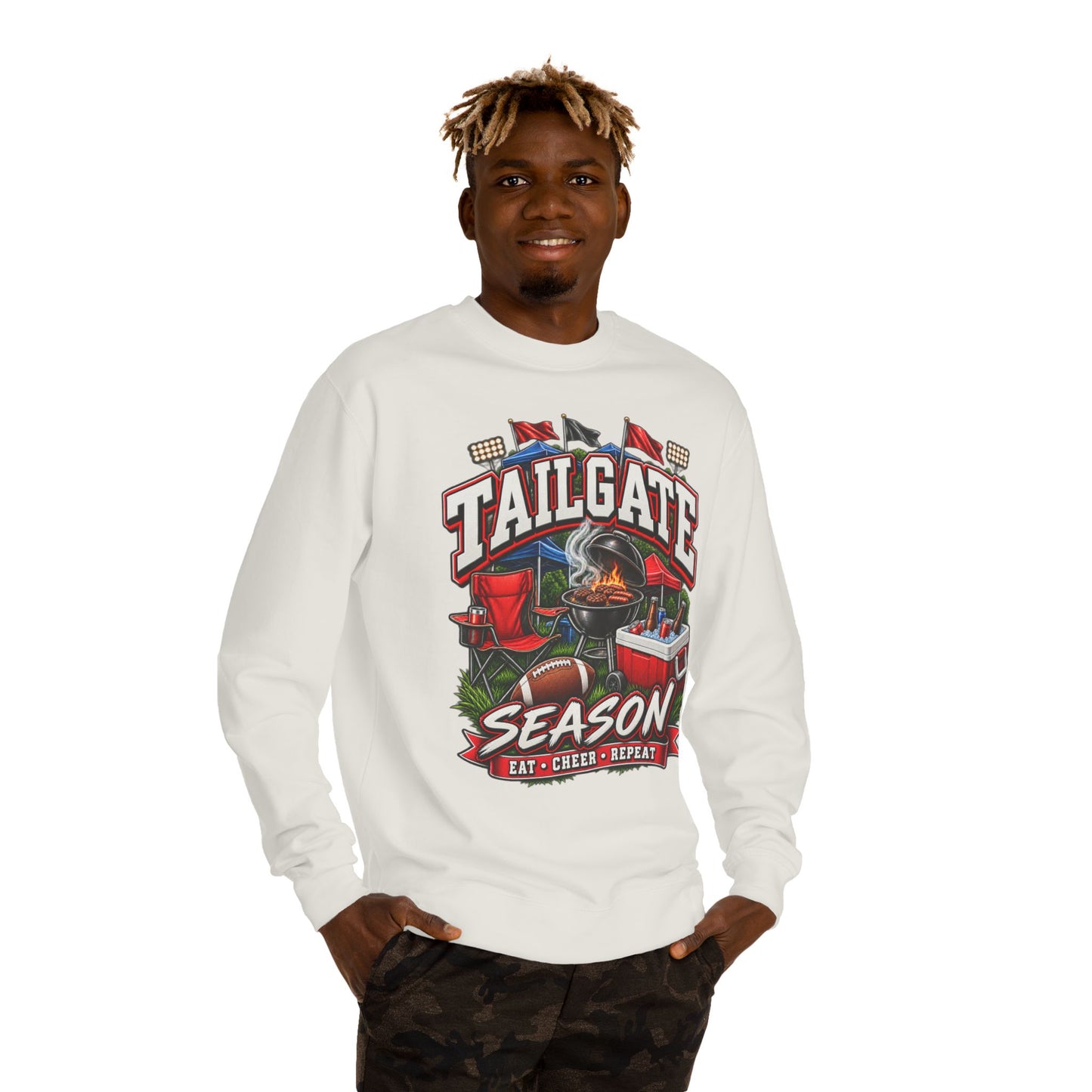 Tailgate Season Sweatshirt — "Eat • Cheer • Repeat" Football Tailgating Crewneck