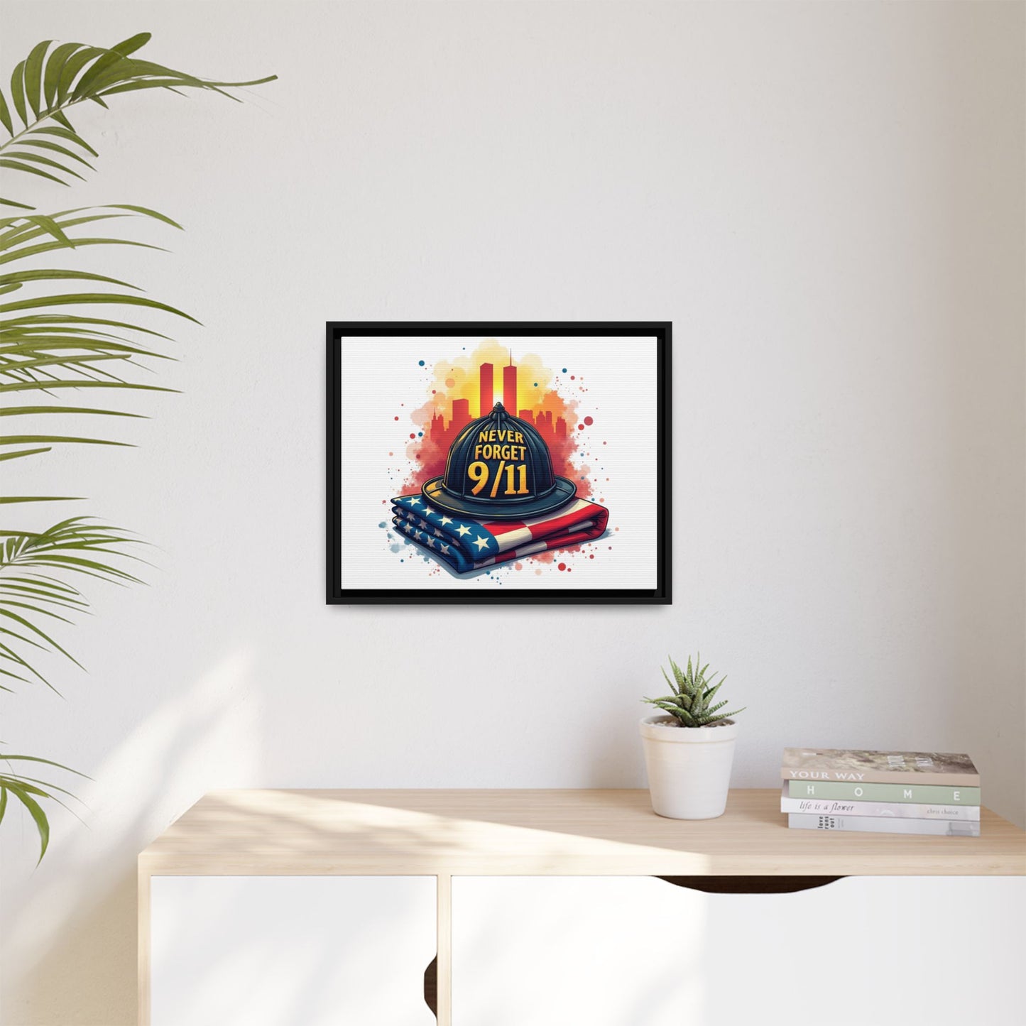 Never Forget 9/11 Framed Canvas Print — Firefighter Helmet & American Flag Memorial Art