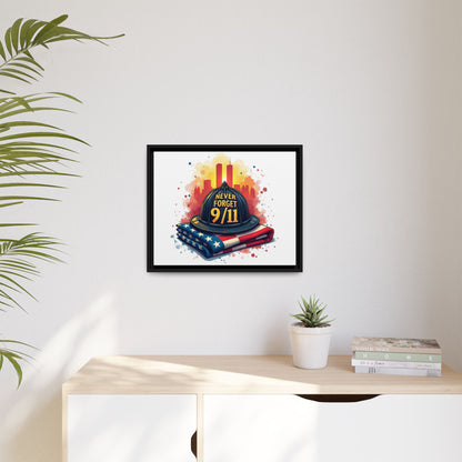 Never Forget 9/11 Framed Canvas Print — Firefighter Helmet & American Flag Memorial Art