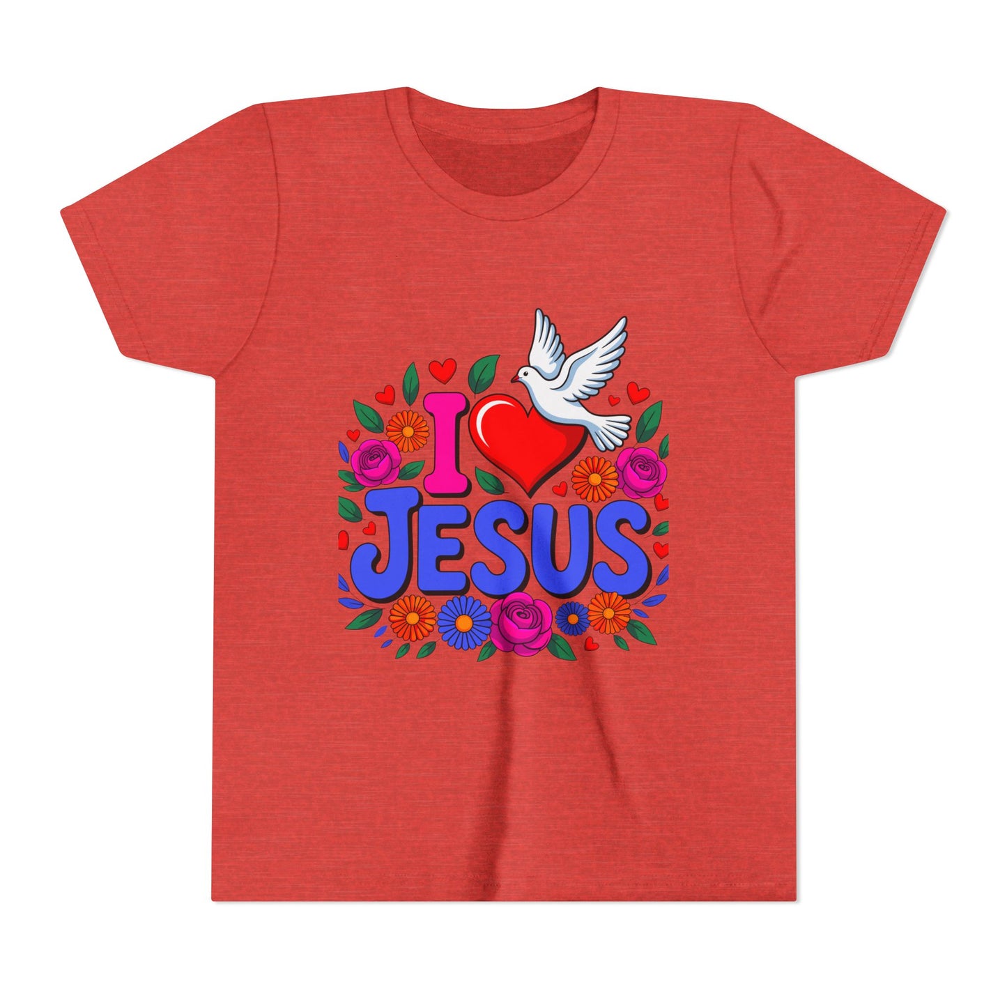 Youth Tee — "I  Jesus" Colorful Dove & Floral Christian Shirt