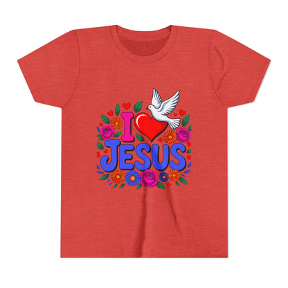 Youth Tee — "I  Jesus" Colorful Dove & Floral Christian Shirt
