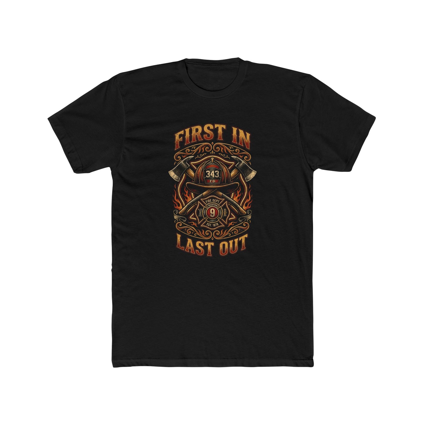 Firefighter T‑Shirt - "First In Last Out" Vintage Firefighter Crew Tee