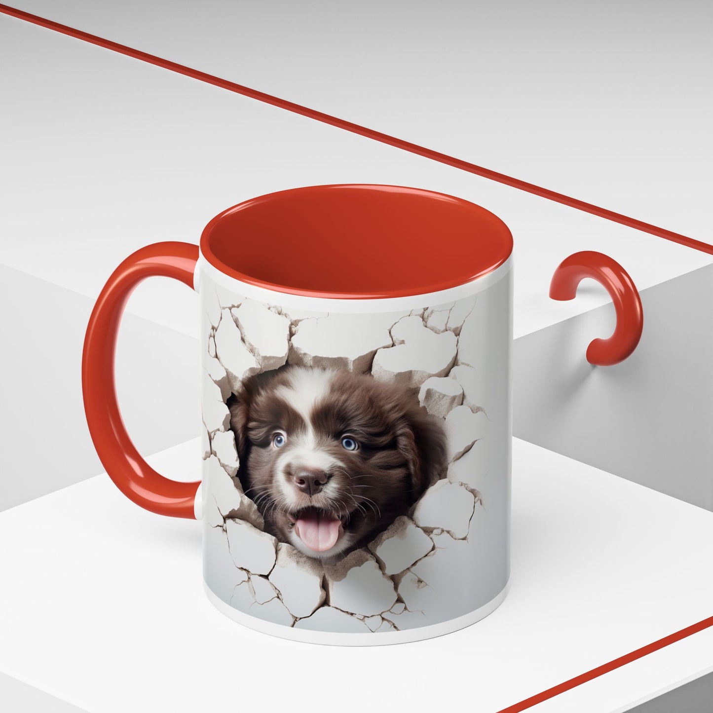 Puppy Breakthrough Accent Coffee Mug (11/15oz) — Cute Dog Face Cracked Wall Design