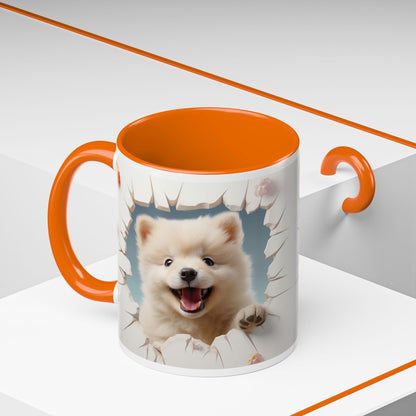 Pomeranian Peek Accent Coffee Mug — Cute Puppy Breakthrough Design (11/15 oz)