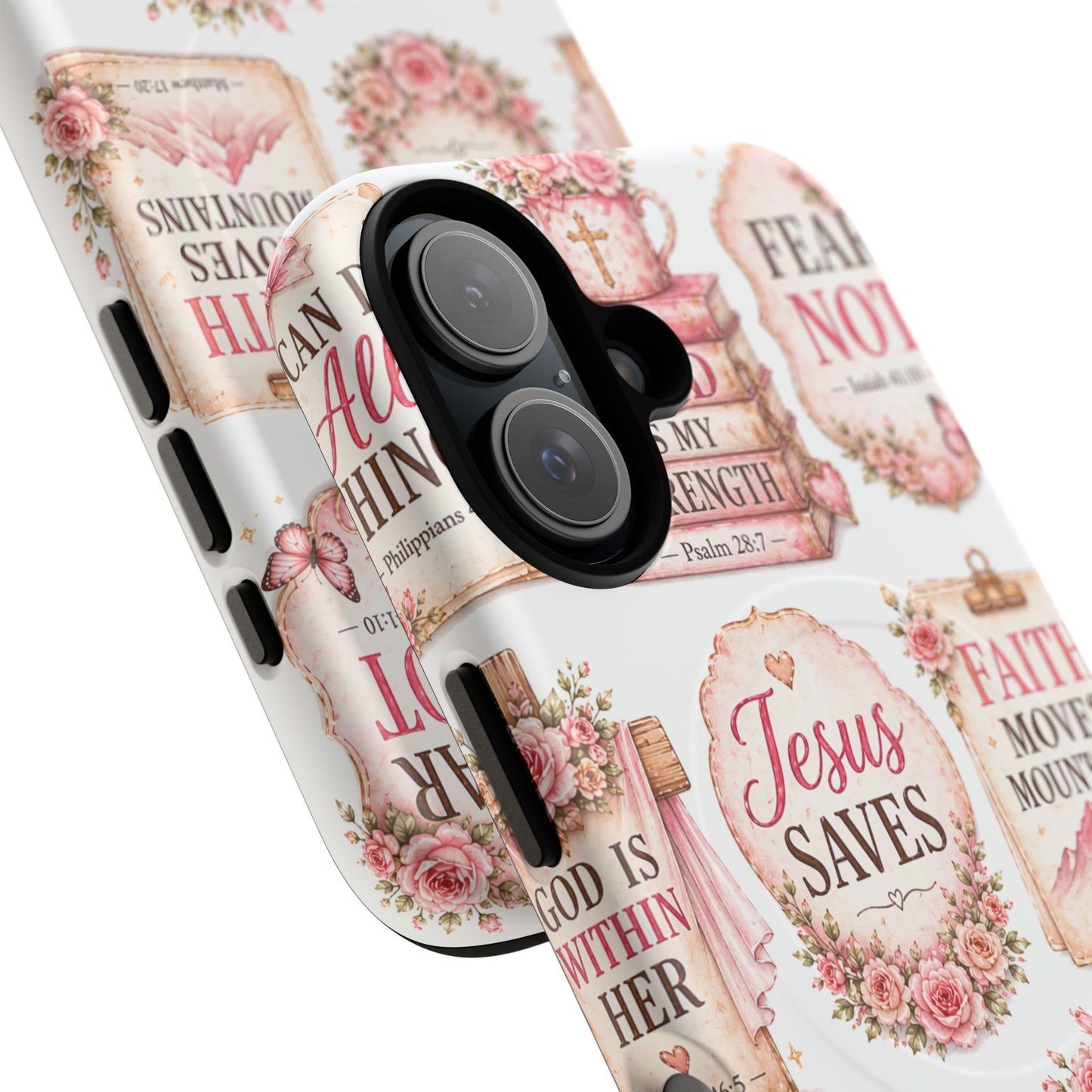 Christian Faith iPhone Tough Magnetic Case — 'Jesus Saves' Floral Scripture Design (Fear Not, Faith Moves Mountains)