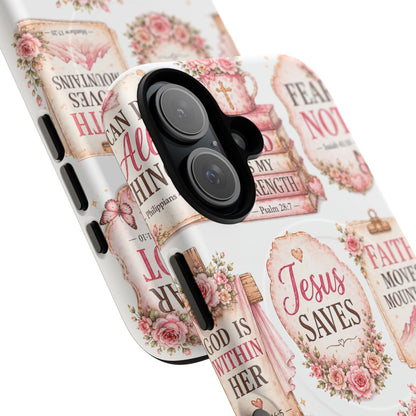 Christian Faith iPhone Tough Magnetic Case — 'Jesus Saves' Floral Scripture Design (Fear Not, Faith Moves Mountains)