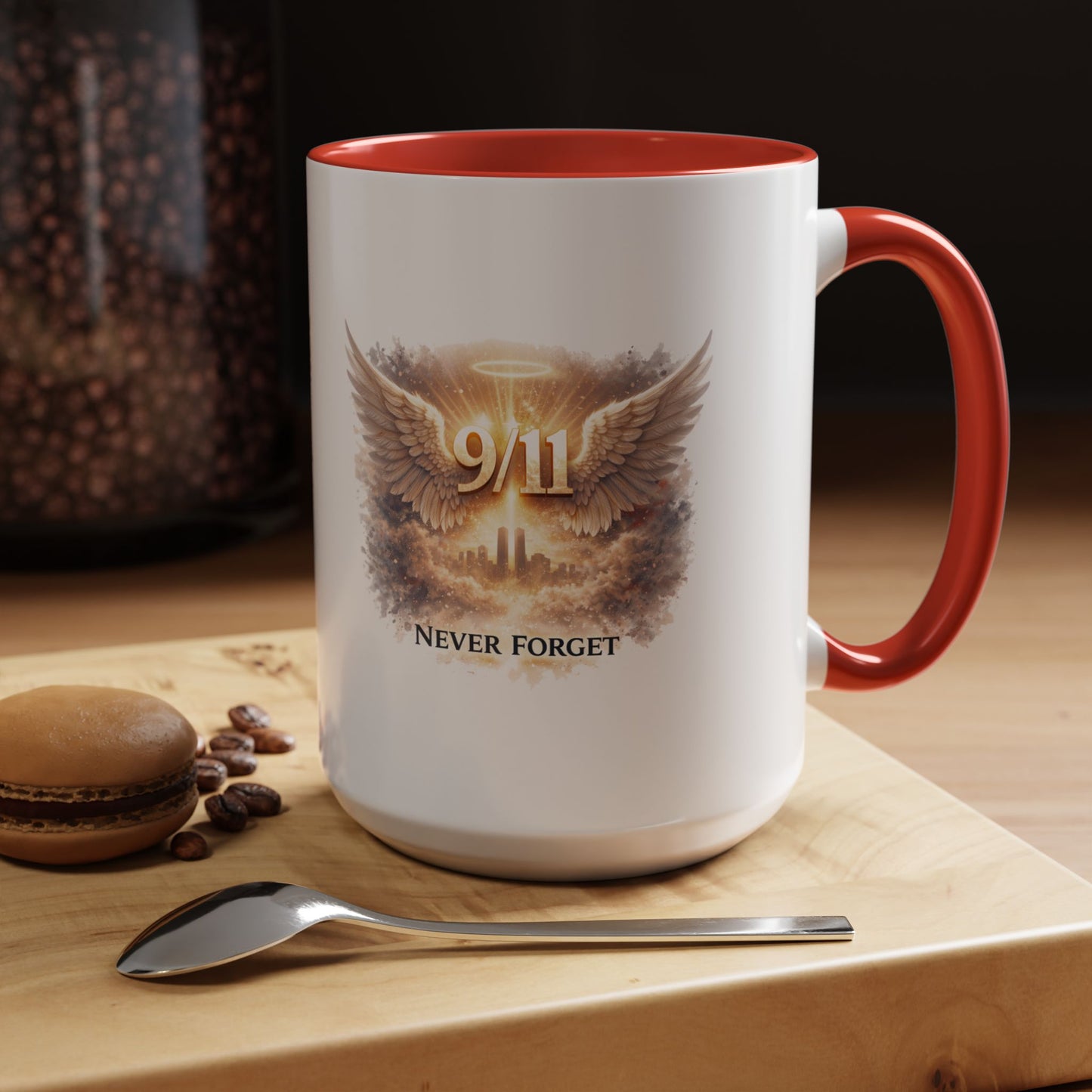 9/11 Never Forget Accent Coffee Mug — Memorial Tribute Ceramic Mug