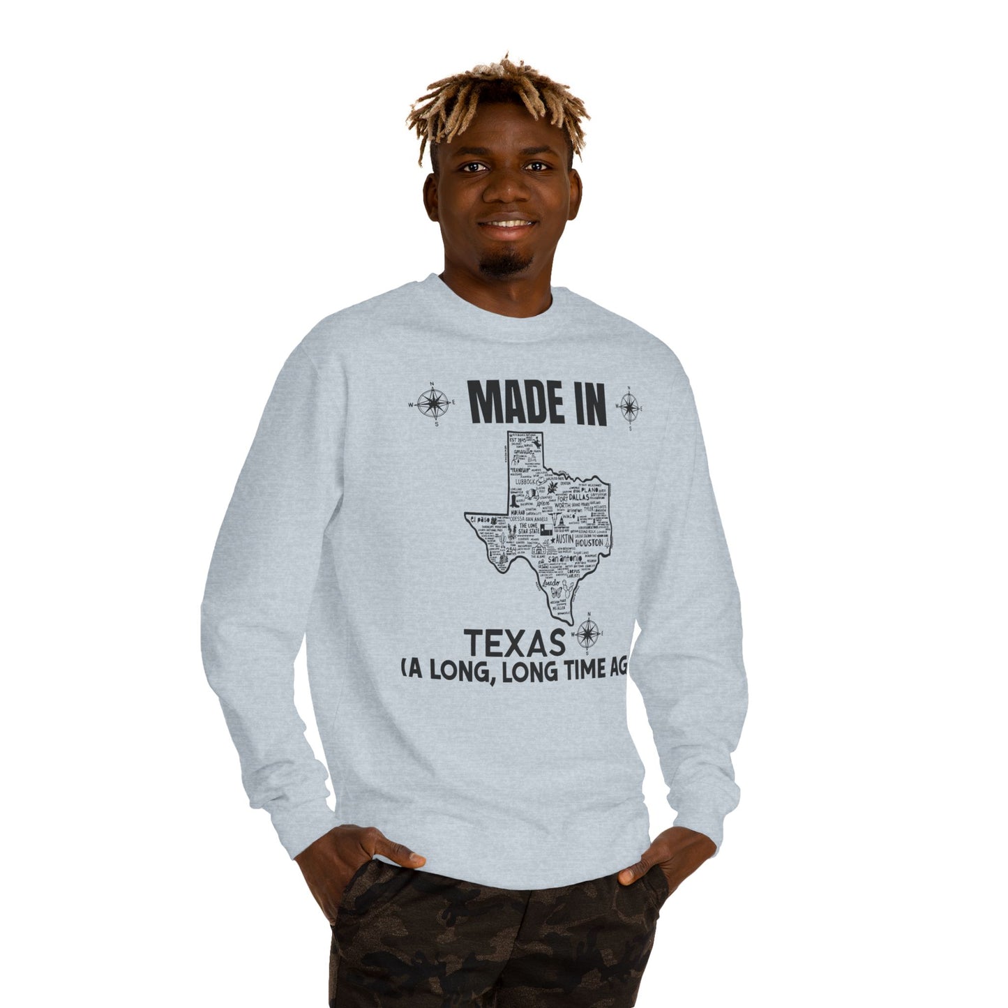 Made in Texas Crewneck Sweatshirt — "Made in Texas (A Long, Long Time Ago)" Vintage State Map