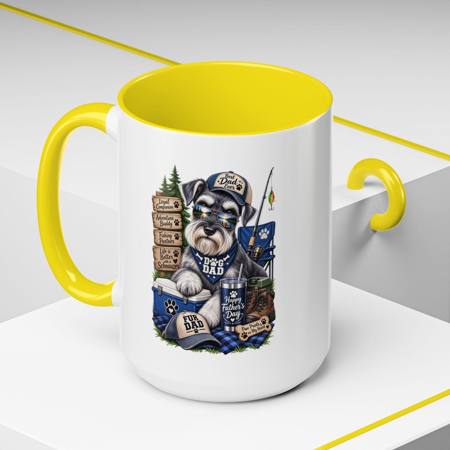 Schnauzer Dad Accent Coffee Mug – "Dog Dad" Camping Paw Print Design (11/15oz)