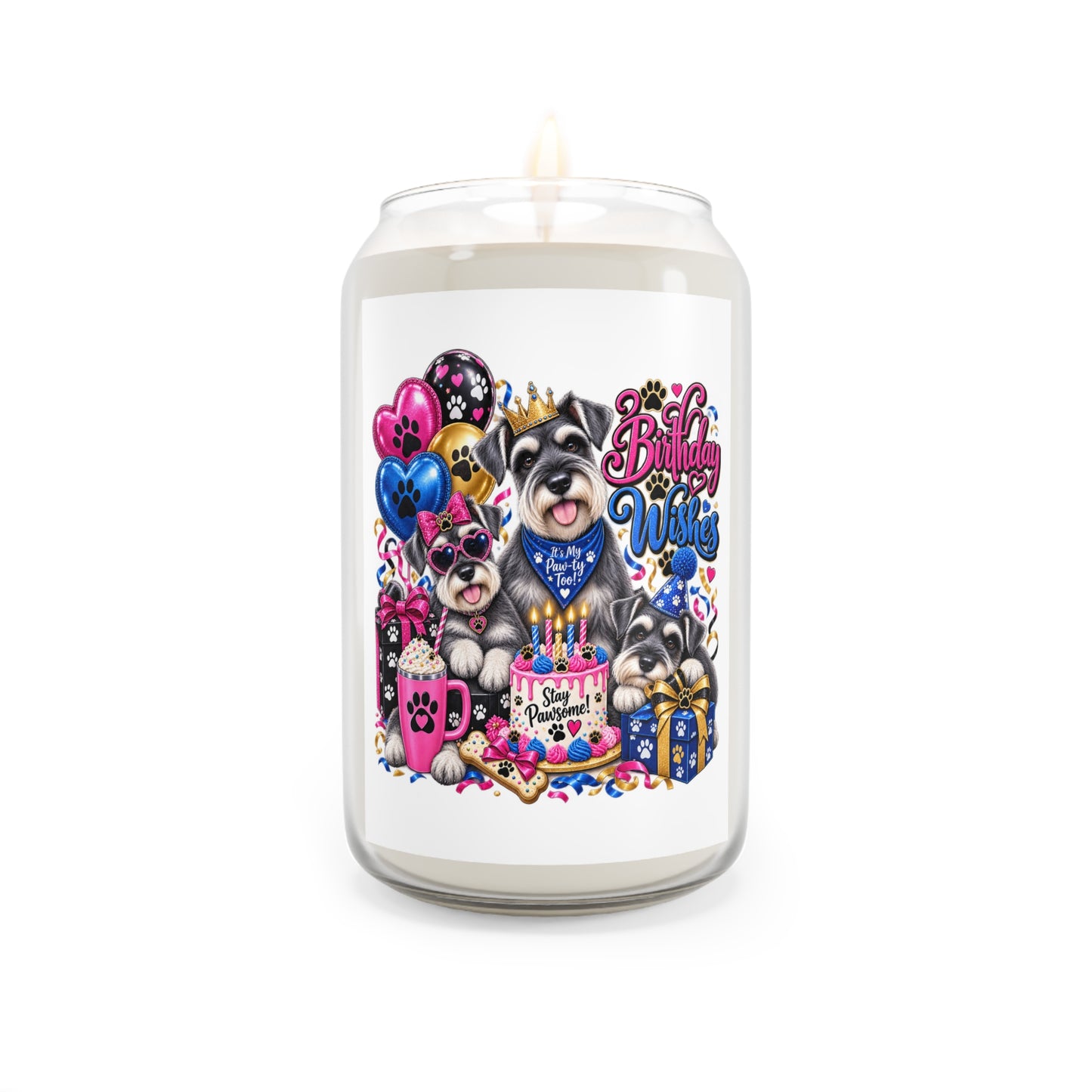 Birthday Schnauzer Soy Candle — 13.75oz Scented Candle with Party Dogs Design