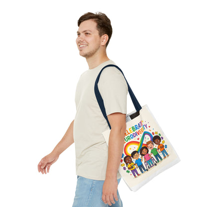 Celebrate Neurodiversity Tote Bag — Rainbow Infinity Symbol with Diverse Kids