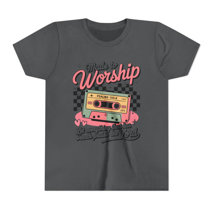Made to Worship Youth Tee – Retro Cassette Christian Kids Shirt (Psalms 100:4)