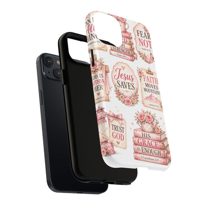 Christian Faith iPhone Tough Magnetic Case — 'Jesus Saves' Floral Scripture Design (Fear Not, Faith Moves Mountains)
