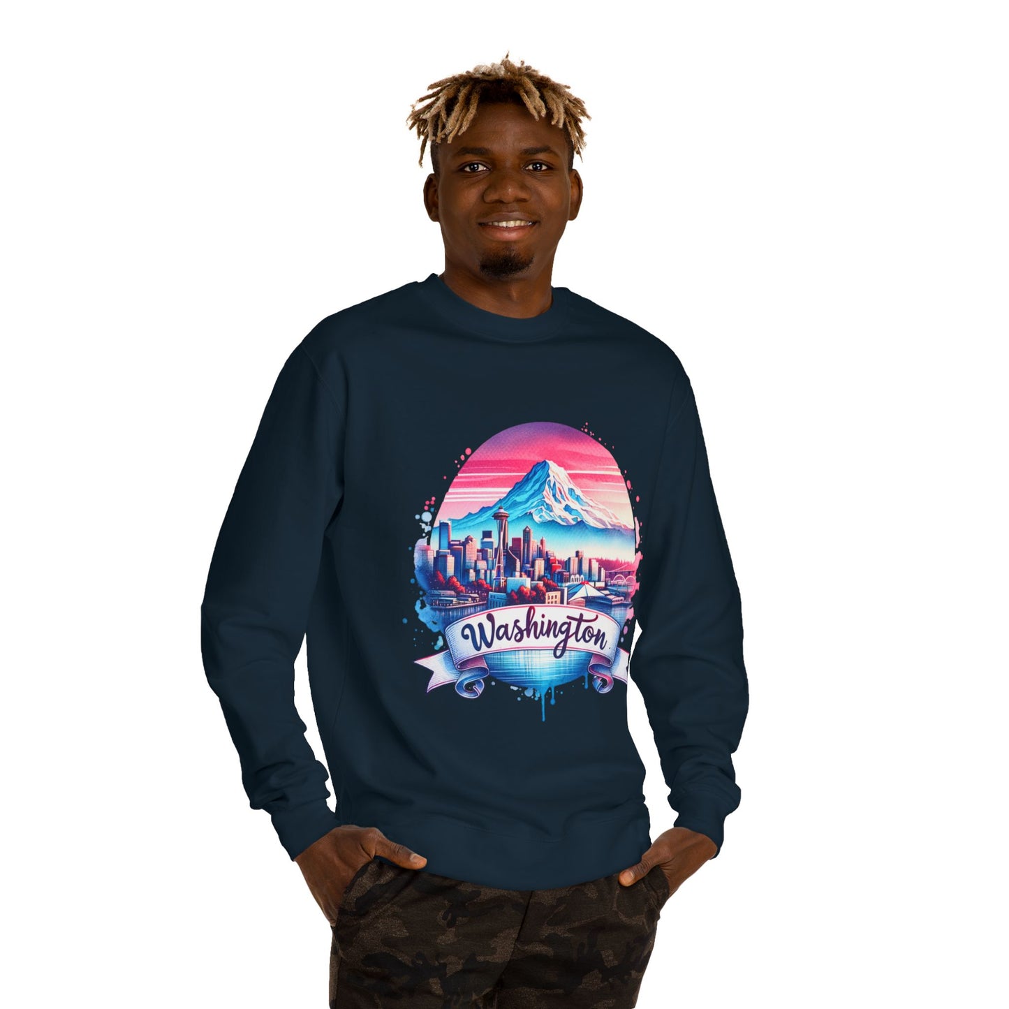Washington Scenic Crewneck Sweatshirt — Mountain & City Skyline Design