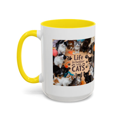 Cat Lover Accent Coffee Mug — “Life Is Better With Cats” 11/15oz