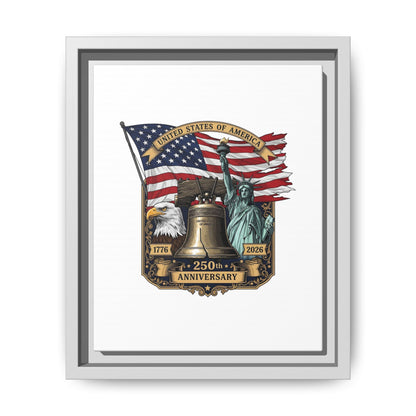 Liberty 250th Anniversary Framed Canvas Print — American Flag, Statue of Liberty & Liberty Bell Art