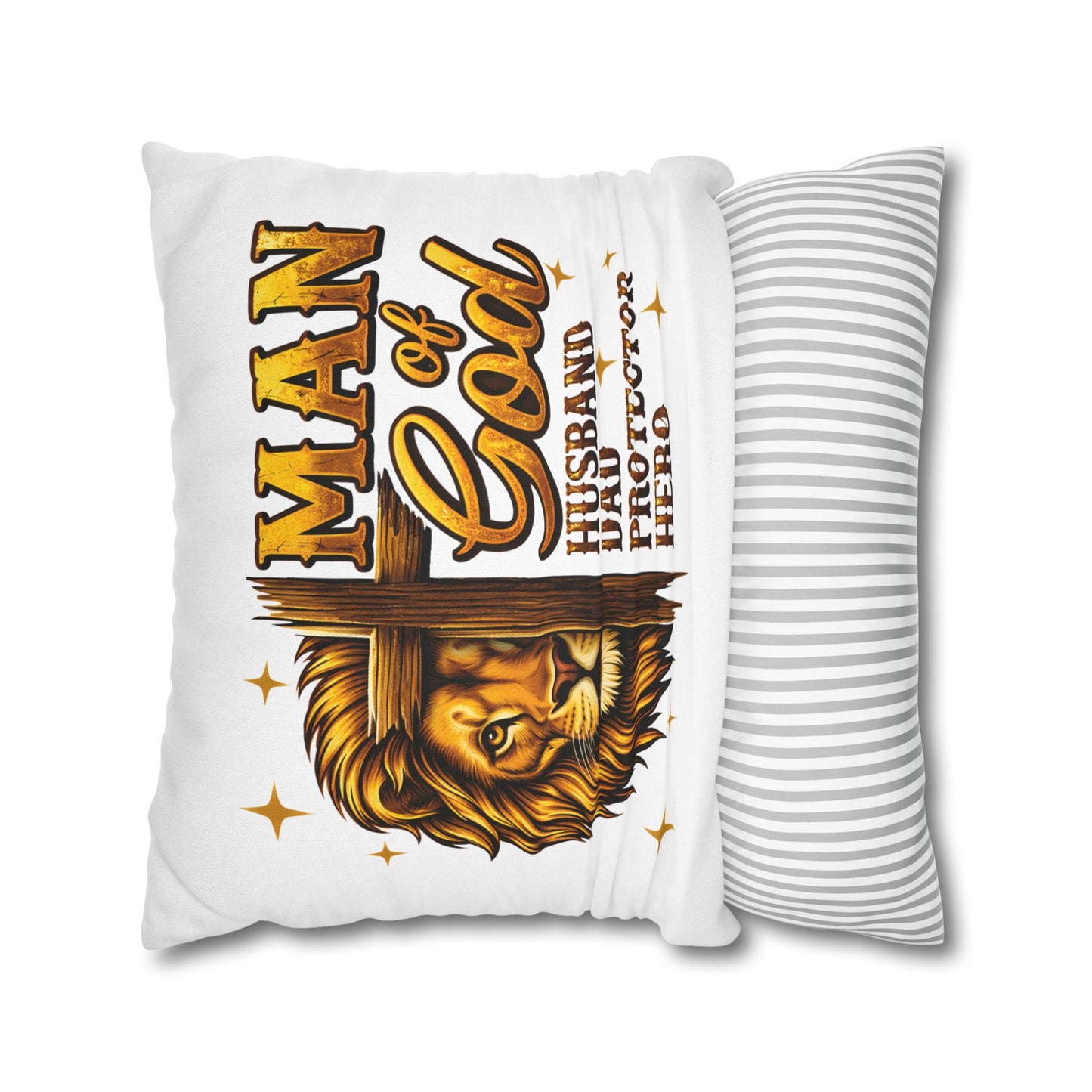 Christian Lion Cross Pillow — "Man of God" Husband Dad Protector Hero Throw Pillowcase