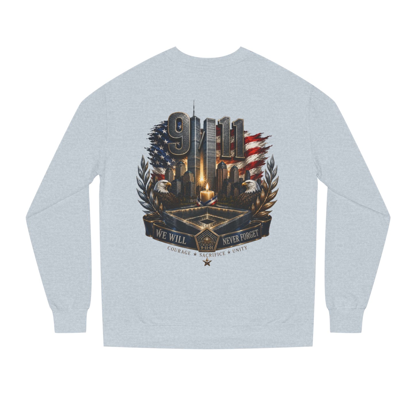 9/11 Memorial Crewneck Sweatshirt — We Will Never Forget Tribute