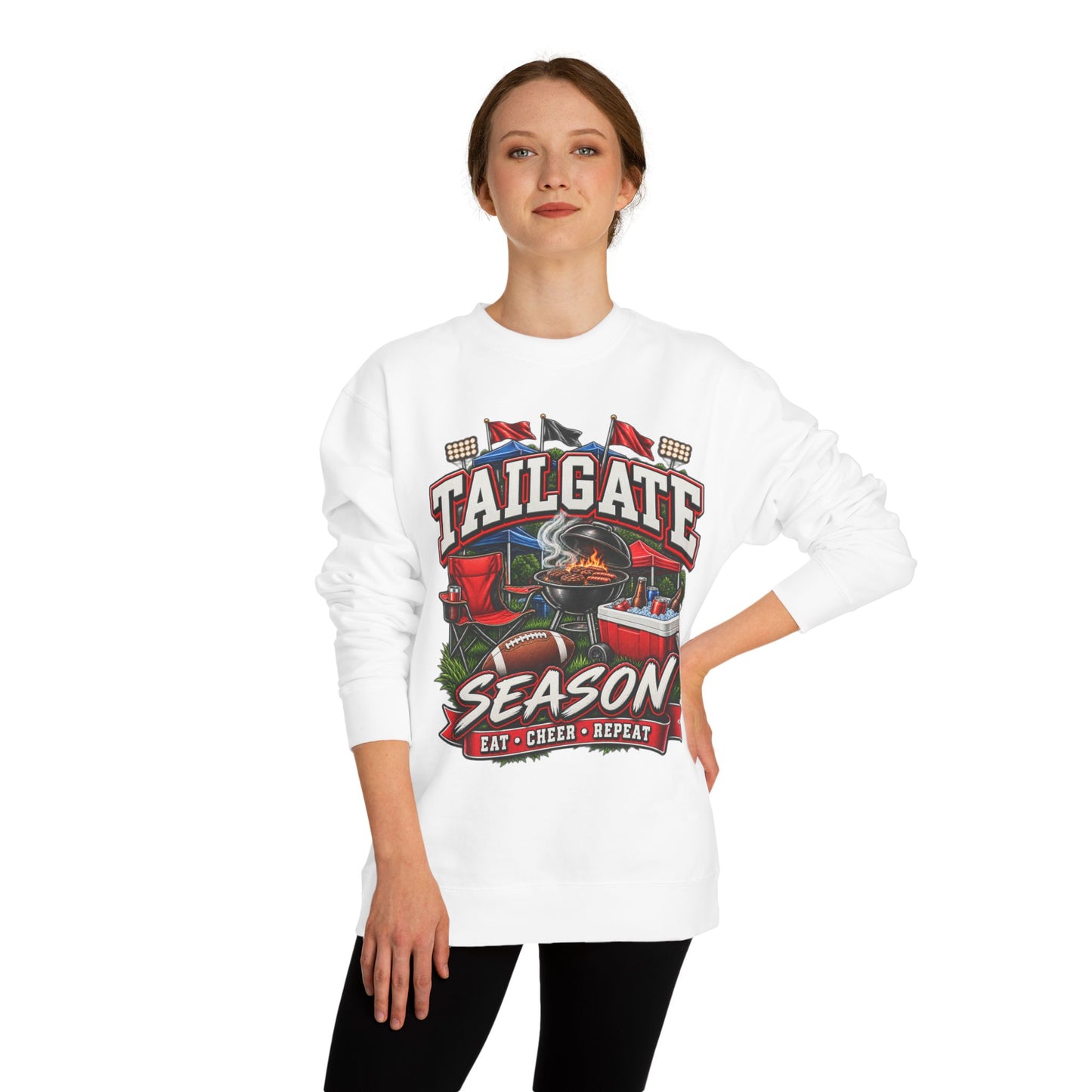 Tailgate Season Sweatshirt — "Eat • Cheer • Repeat" Football Tailgating Crewneck