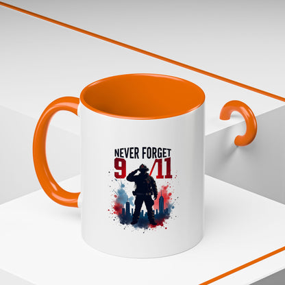 Never Forget 9/11 Accent Coffee Mug — Patriotic Memorial Tribute (11oz, 15oz)