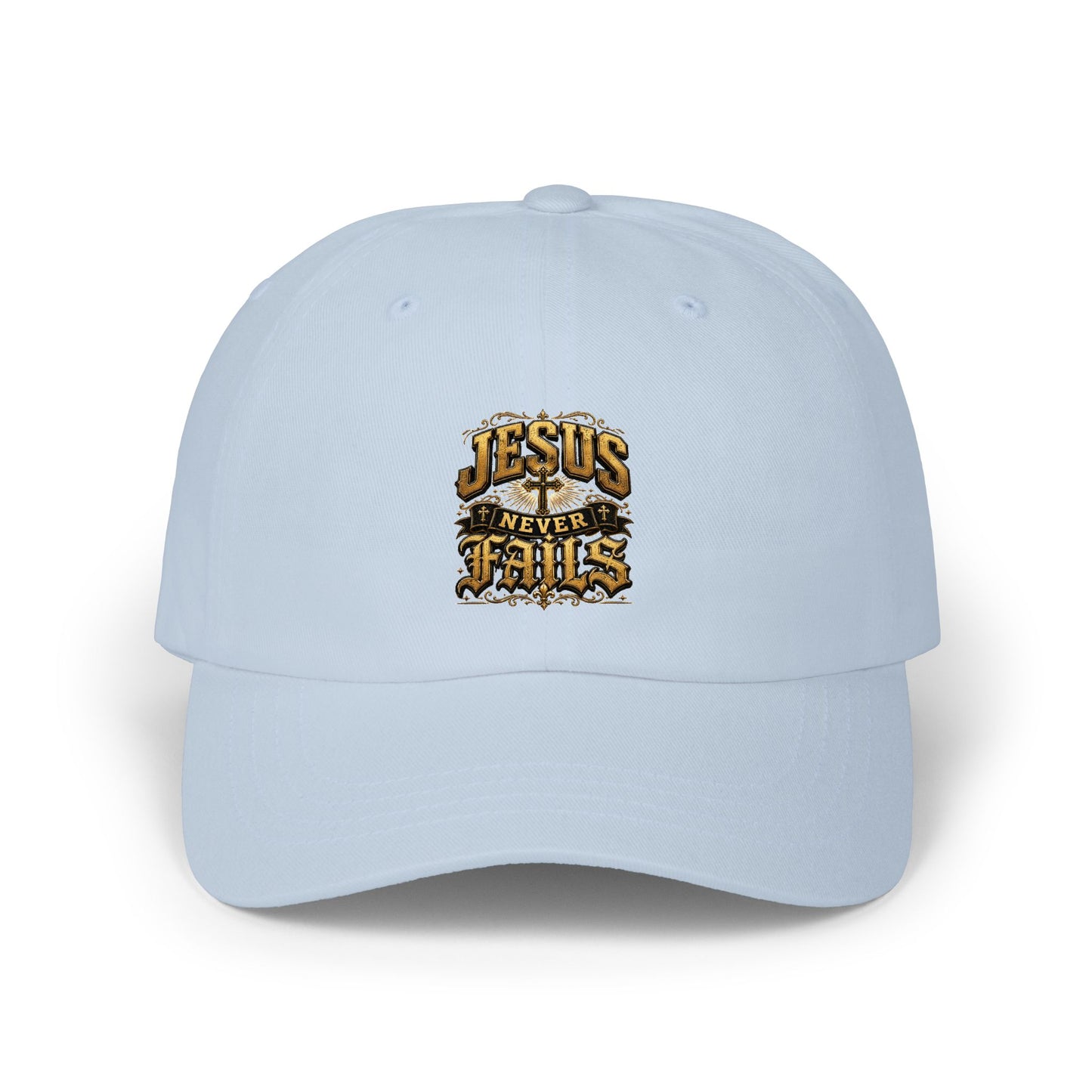 Jesus Never Fails Dad Cap — Christian Faith Baseball Hat