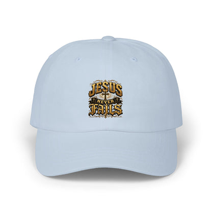 Jesus Never Fails Dad Cap — Christian Faith Baseball Hat