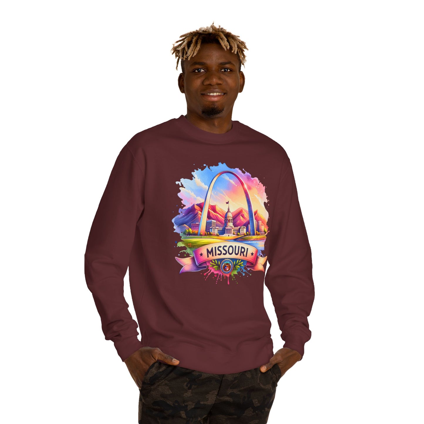 Missouri Arch Watercolor Sweatshirt — Colorful St. Louis Landmark Crewneck