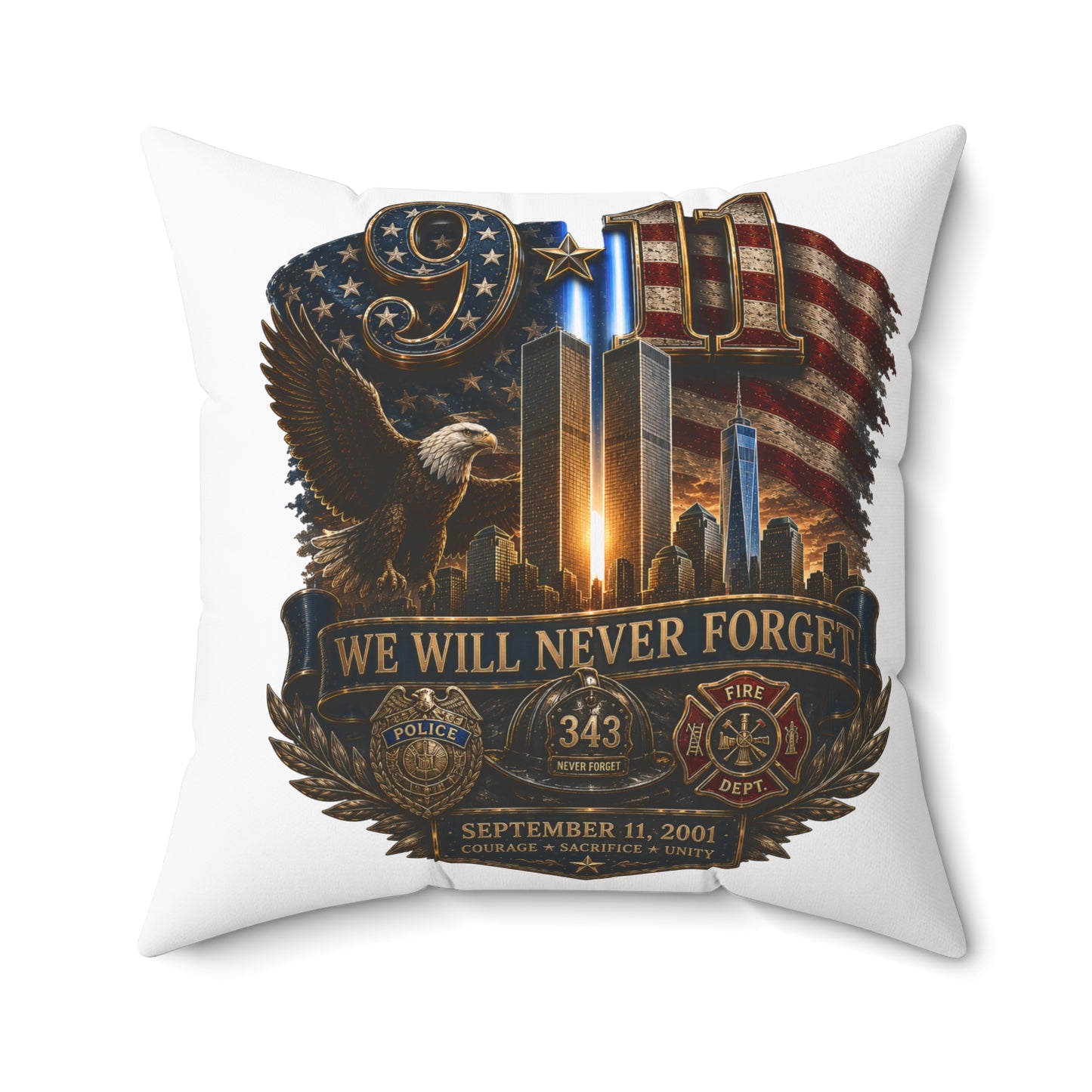 9/11 Memorial Square Pillow — "We Will Never Forget" Tribute