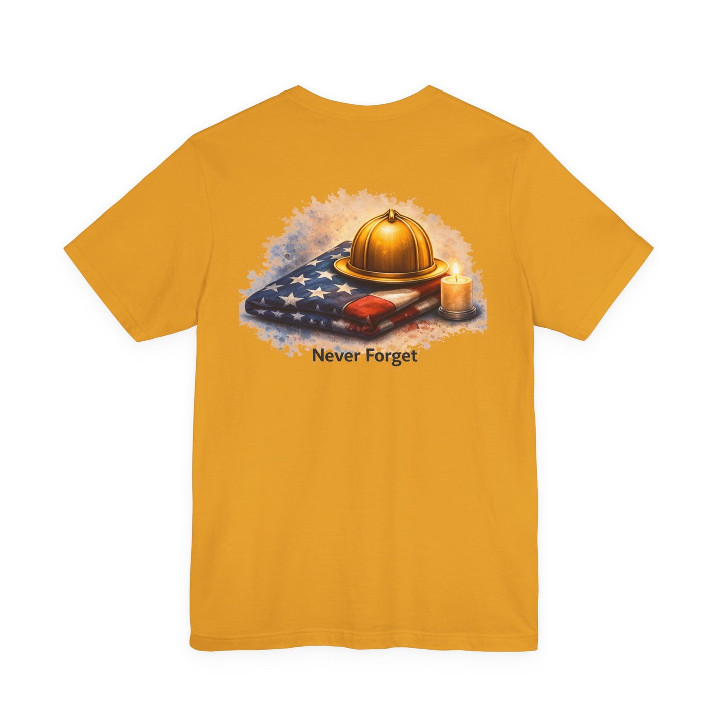 Never Forget Memorial T‑Shirt — Firefighter Helmet & Flag Tribute