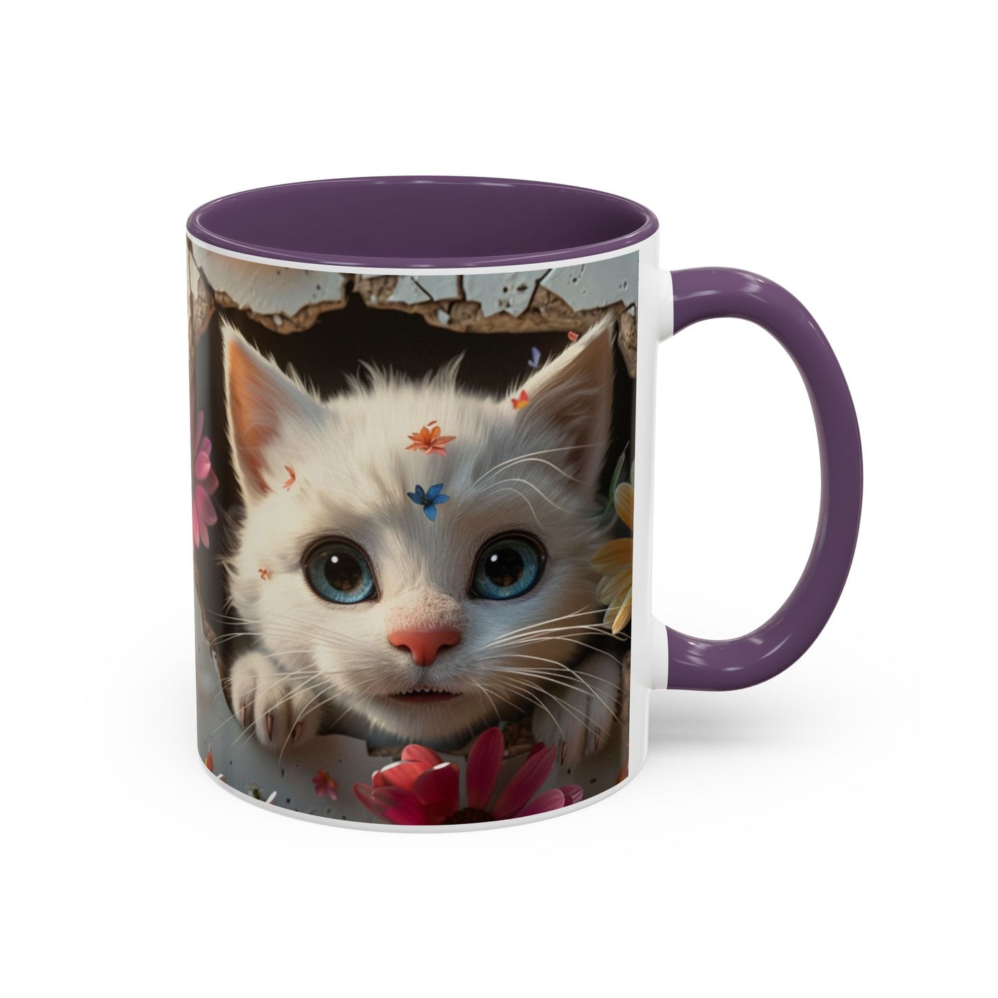 Cute White Kitten Coffee Mug – Floral Accent 11/15oz
