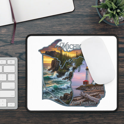 Michigan Scenic Map Gaming Mouse Pad — Great Lakes State Lighthouse Design