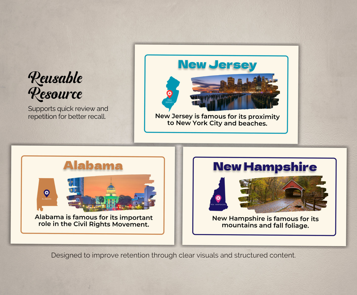 US States Flashcards | Printable Geography Study Cards PDF for Kids & Students