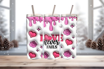Inflated Love Never Fails Tumbler Wrap PNG | Inspirational Quote Design, 20oz Skinny Tumbler Sublimation, Romantic &amp; Faith-Based Wrap