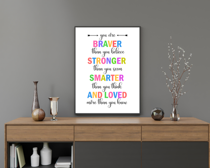 You Are Braver Than Wall Art | Inspirational Quote Poster, Confidence &amp; Courage Decor, Printable Motivational Wall Art