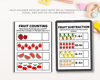 Fruit Math Worksheet for Kindergarten | Printable Counting & Addition Activities with Fun Fruit Theme