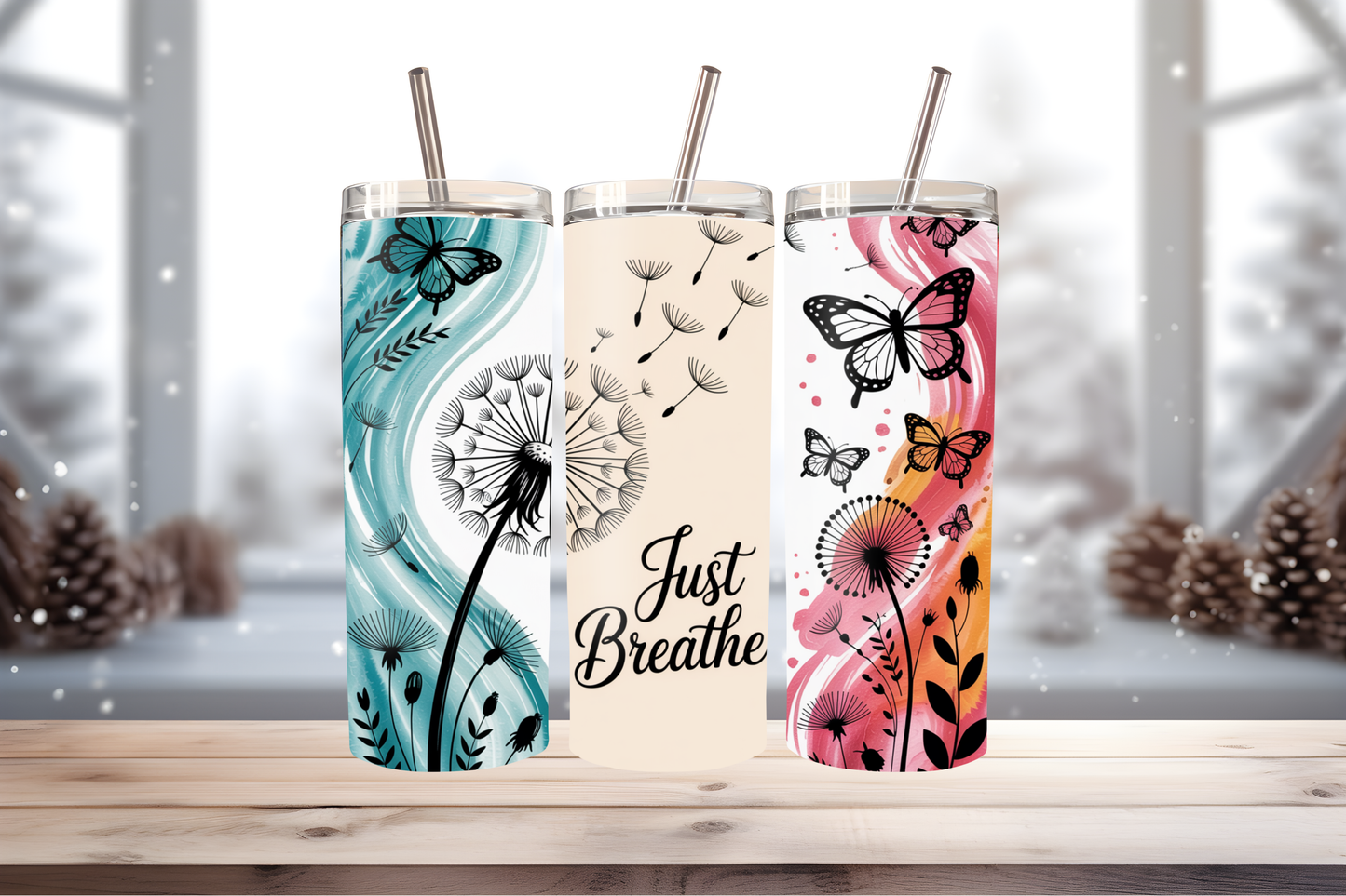 Just Breathe Tumbler Wrap PNG | Motivational Quote Design, 20oz Skinny Tumbler Sublimation, Mindfulness &amp; Self Care Tumbler Template