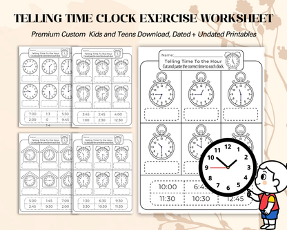 Telling Time Clock Worksheet | Printable Time Learning Exercises for Kids & Beginners