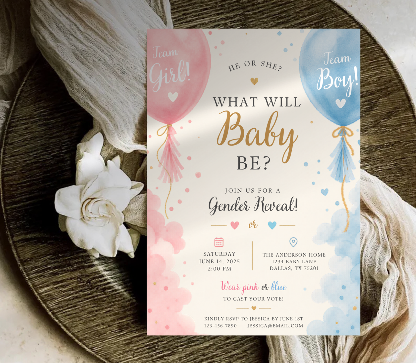 Baby Reveal Invitation Template | Editable Gender Reveal Party Invite Canva Template