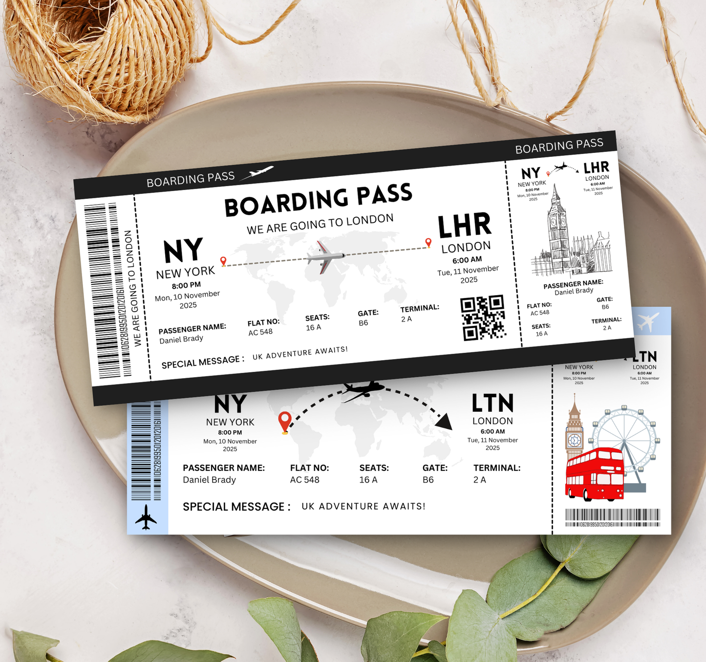 London Boarding Pass & Ticket Template | Editable Canva Travel Ticket Invitation & Party Invite