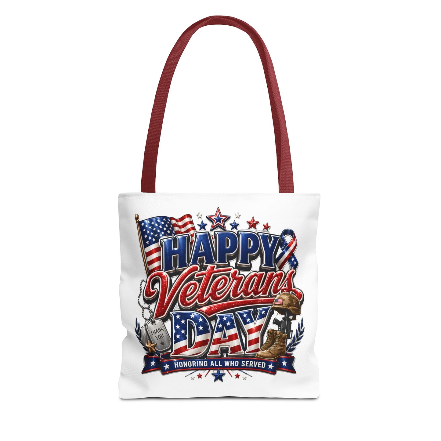 Veterans Day Tote Bag — "Happy Veterans Day" Patriotic All-Over Print