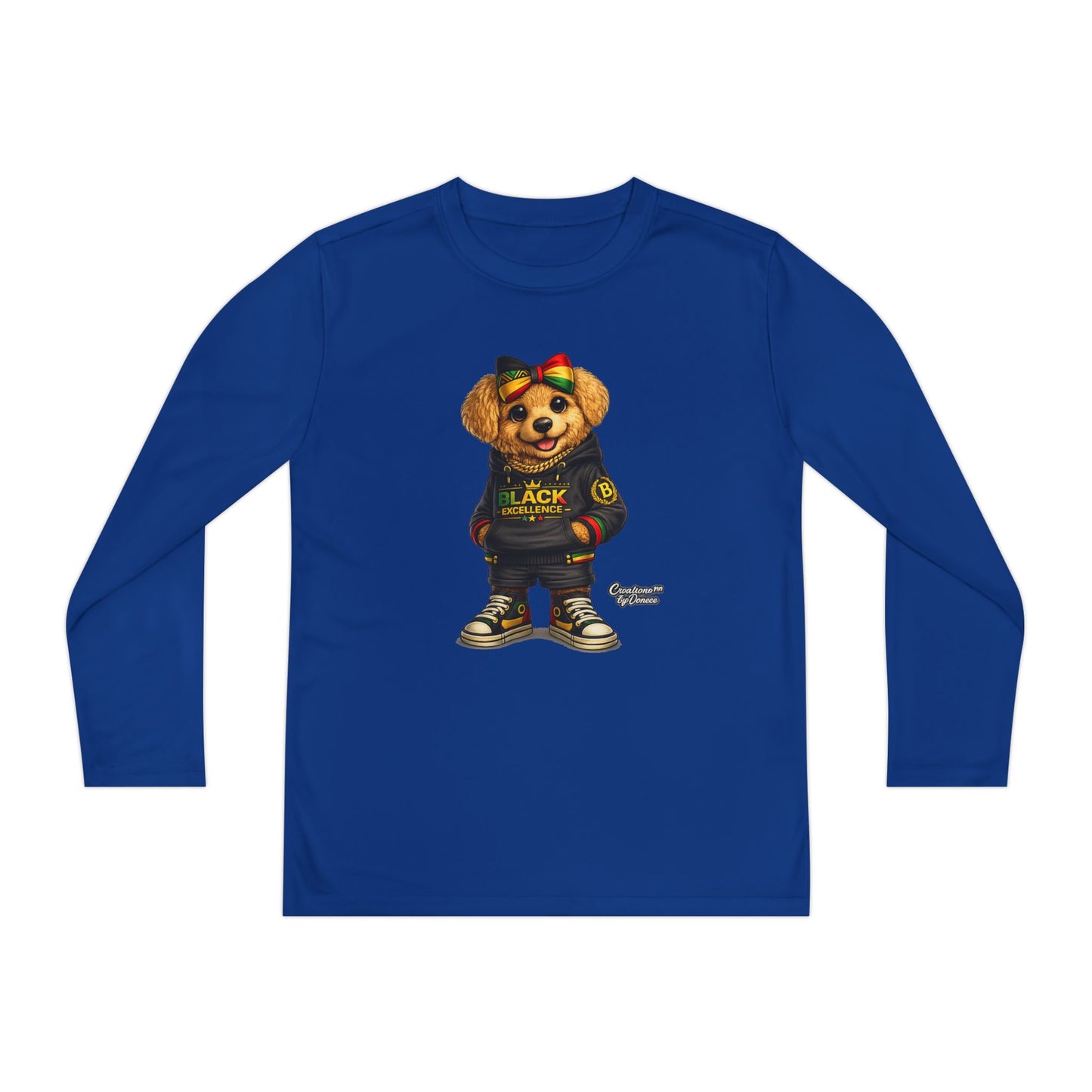Youth Long Sleeve Tee — Trendy Bear Graphic "Black Excellence"