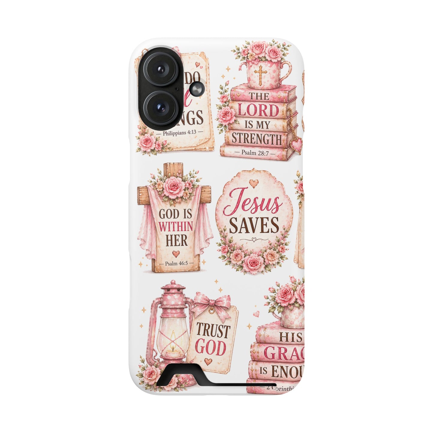 Christian Floral Phone Case with Card Holder — 'Jesus Saves' Inspirational Design