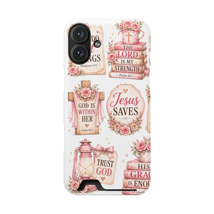 Christian Floral Phone Case with Card Holder — 'Jesus Saves' Inspirational Design