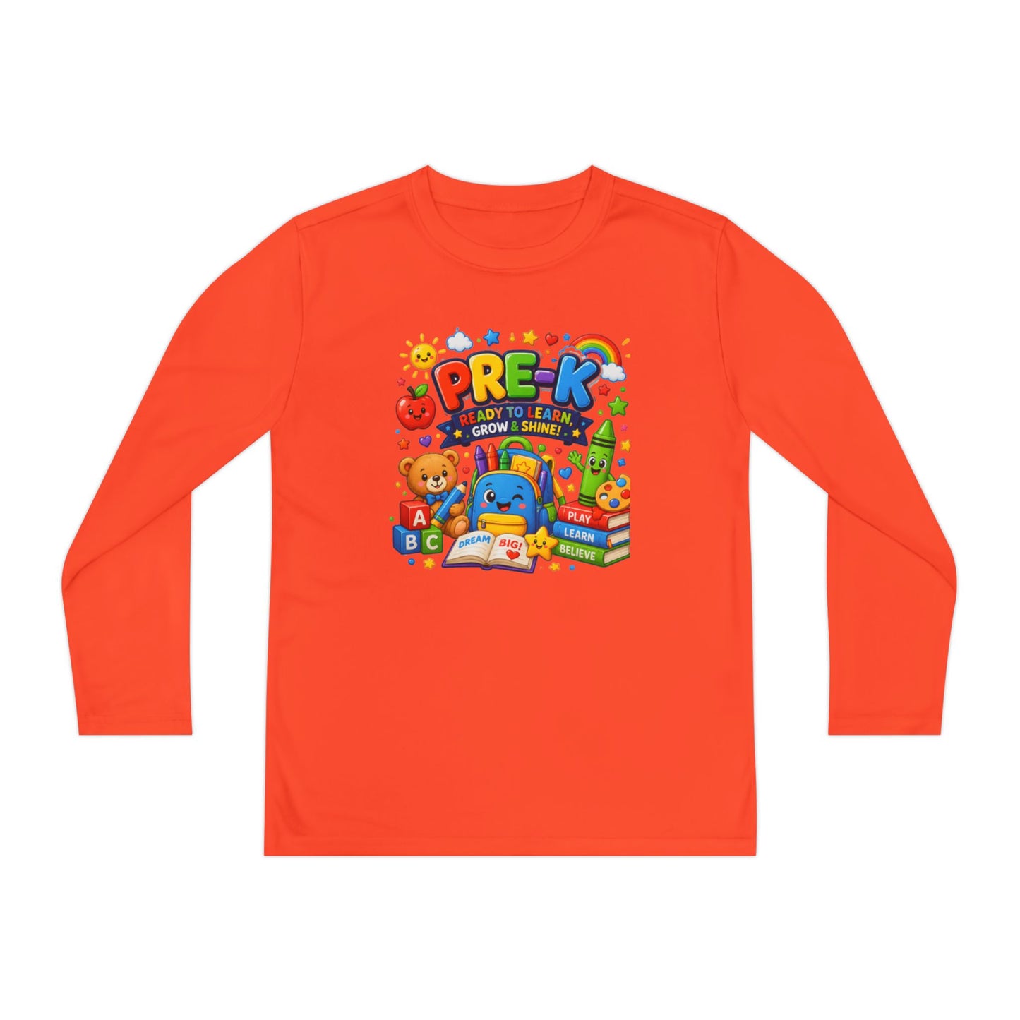PRE-K Kids Long Sleeve Tee — Back-to-School Preschool Shirt ("Ready to Learn, Grow & Shine")
