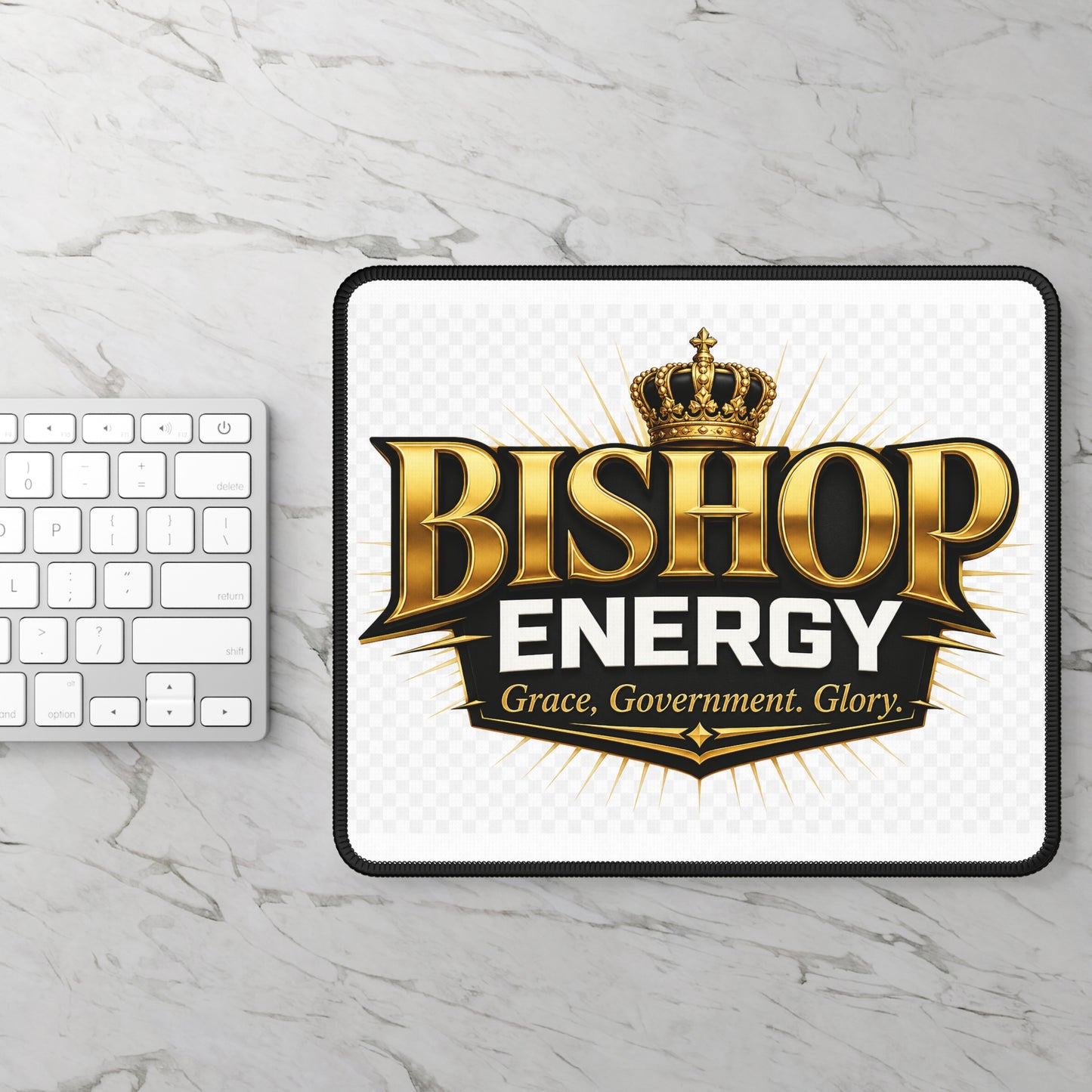 Bishop Energy Gaming Mouse Pad – 'Bishop Energy: Grace, Government, Glory' Gold Crown Desk Mat