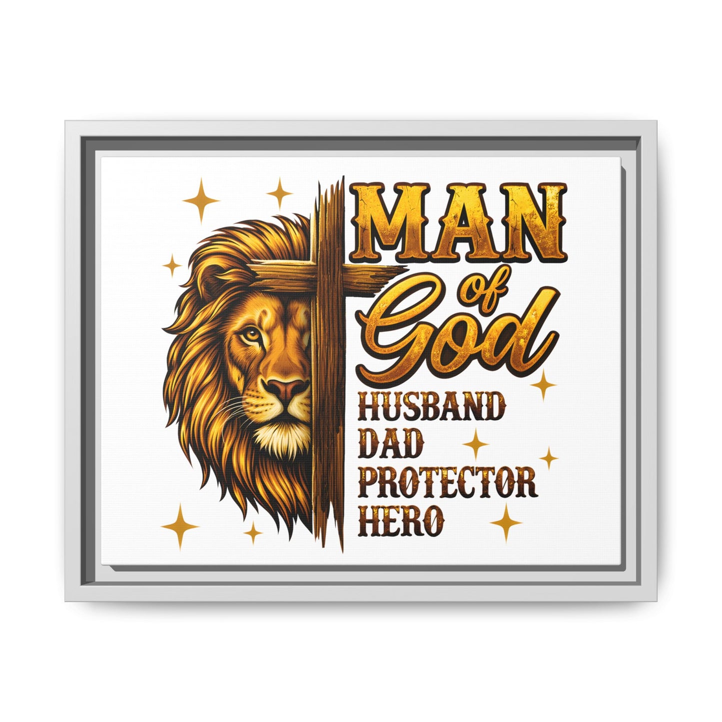 Man of God Framed Canvas Art — 'Man of God: Husband, Dad, Protector, Hero' Religious Wall Decor