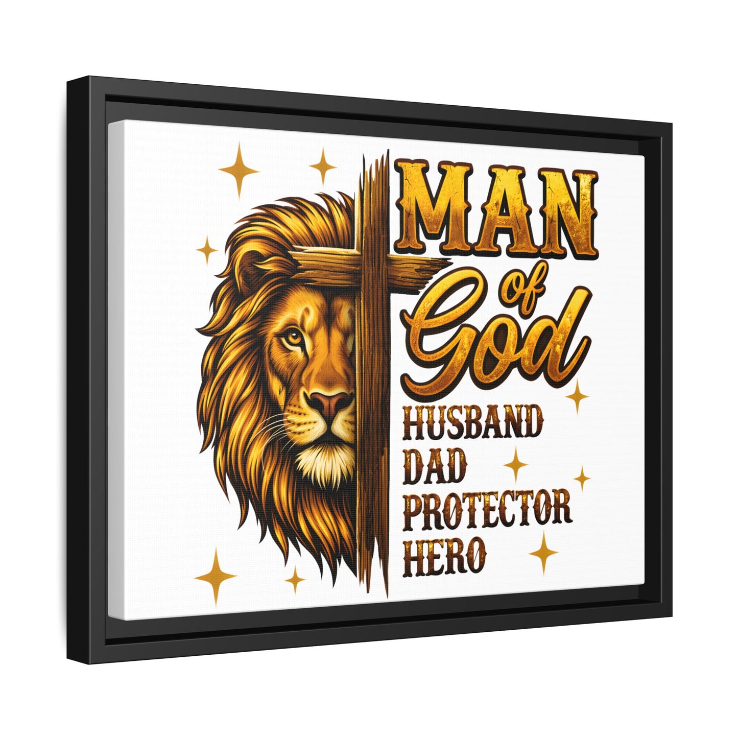 Man of God Framed Canvas Art — 'Man of God: Husband, Dad, Protector, Hero' Religious Wall Decor