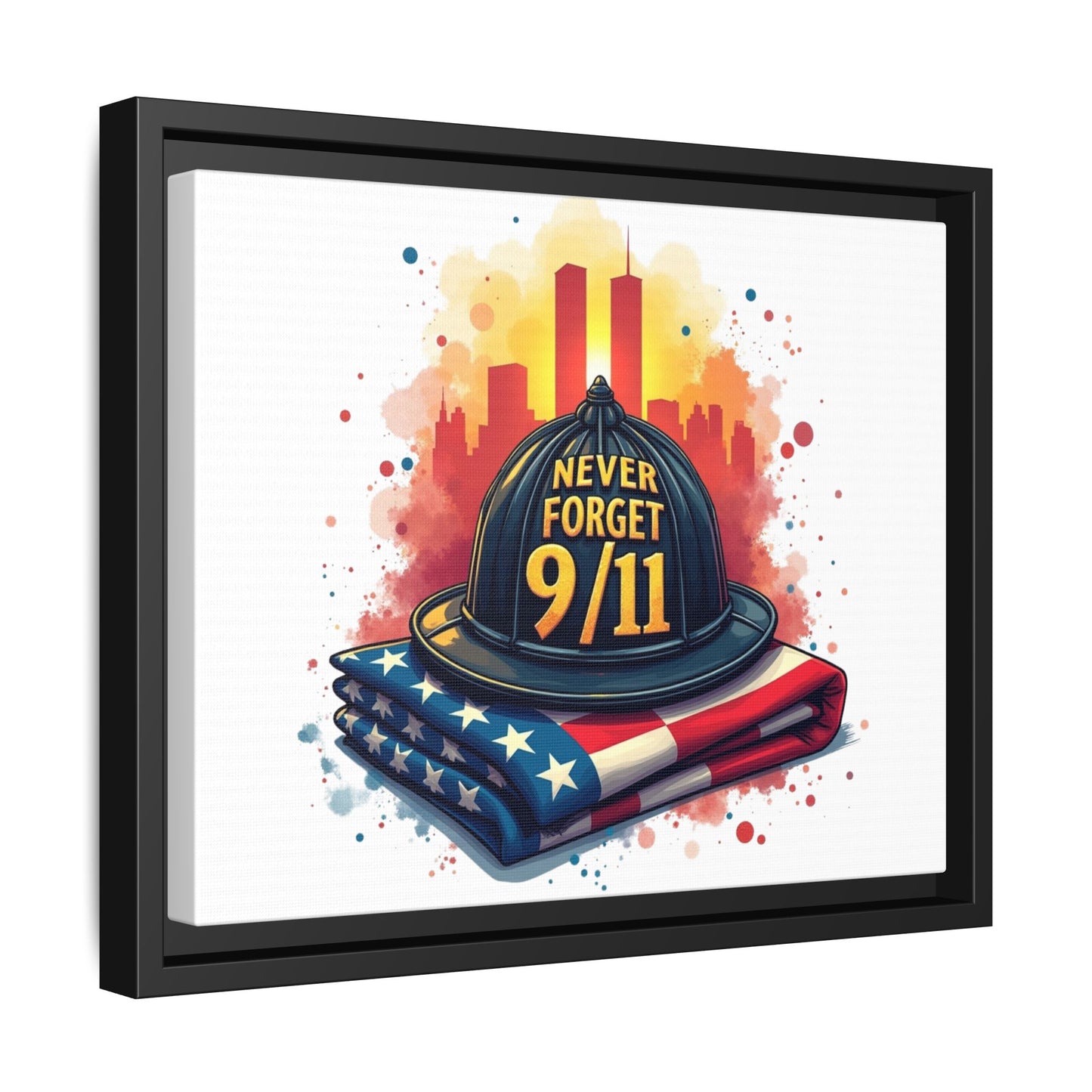 Never Forget 9/11 Framed Canvas Print — Firefighter Helmet & American Flag Memorial Art